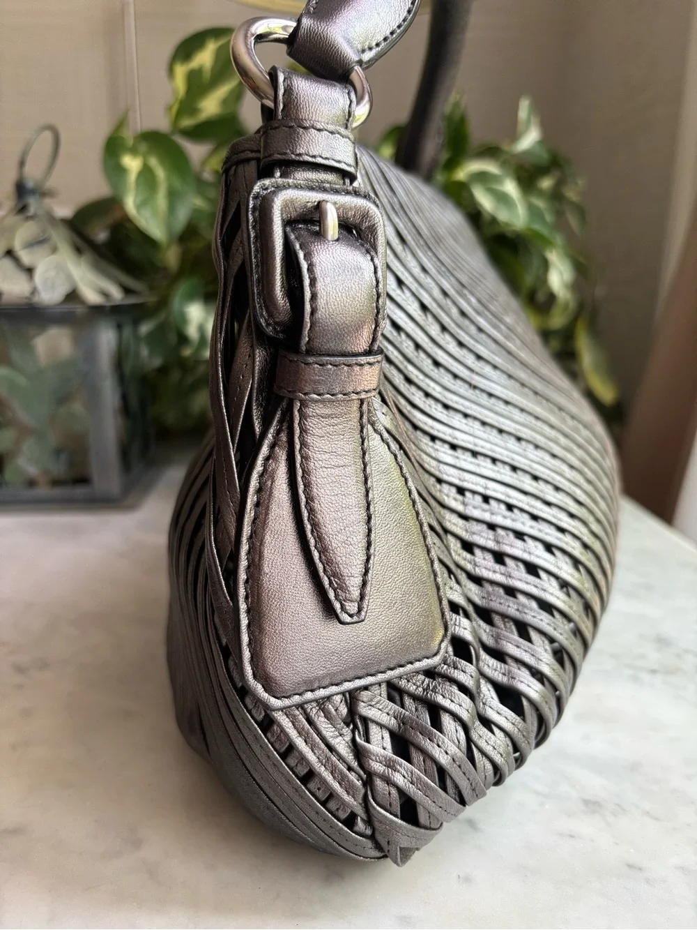 Jil Sander Metallic Silver Woven Top-Handle Satchel